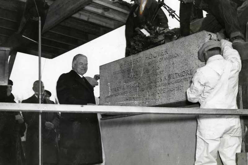President Hoover laying the cornerstone of the new National Archives building in Washington, DC, Feb. 1933