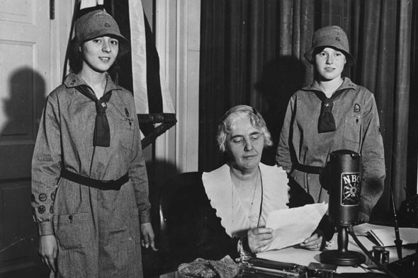 First Lady and Girl Scout Lou Henry Hoover speaking from the President's study in the White House on a special Girl Scout program.