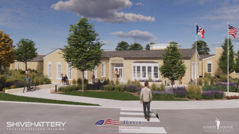 A 3D rendering of the expansion and new front of the Herbert Hoover Presidential Library and Museum