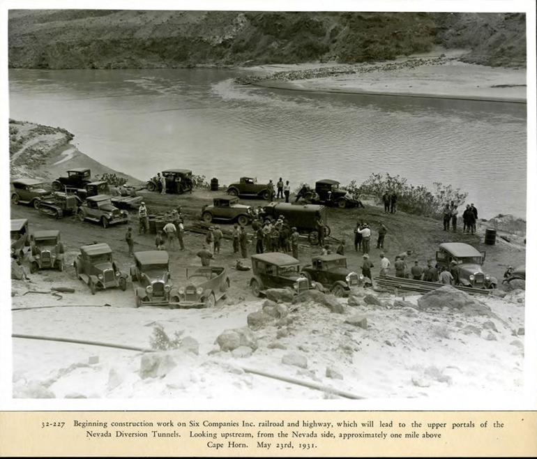 Beginning construction on Six Companies railroad and highway, which will lead to the upper portals of the Nevada diversion tunnels. 05/23/1931