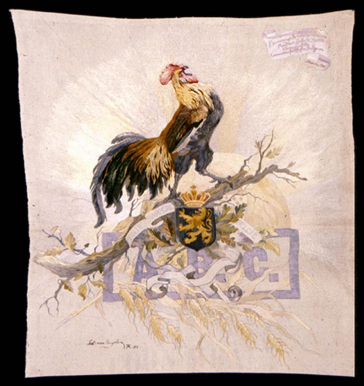 Rooster embroidered Belgian flour sack.