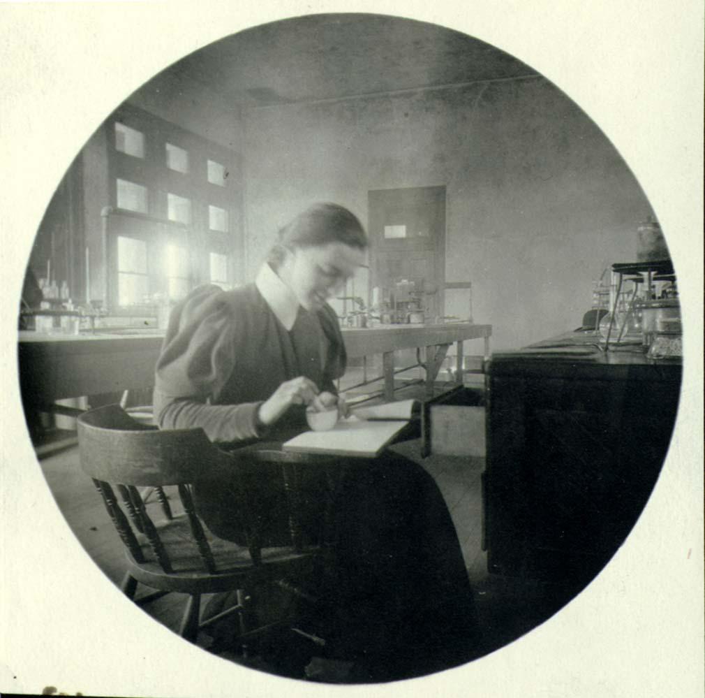 Lou Henry in lab at Stanford College, 1895.