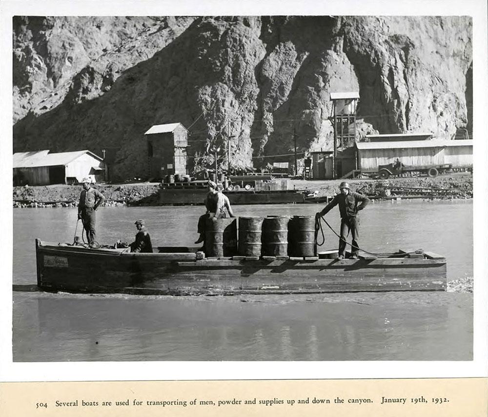 Boats used for transporting men, powder and supplies up and down the canyon. 01/19/1932