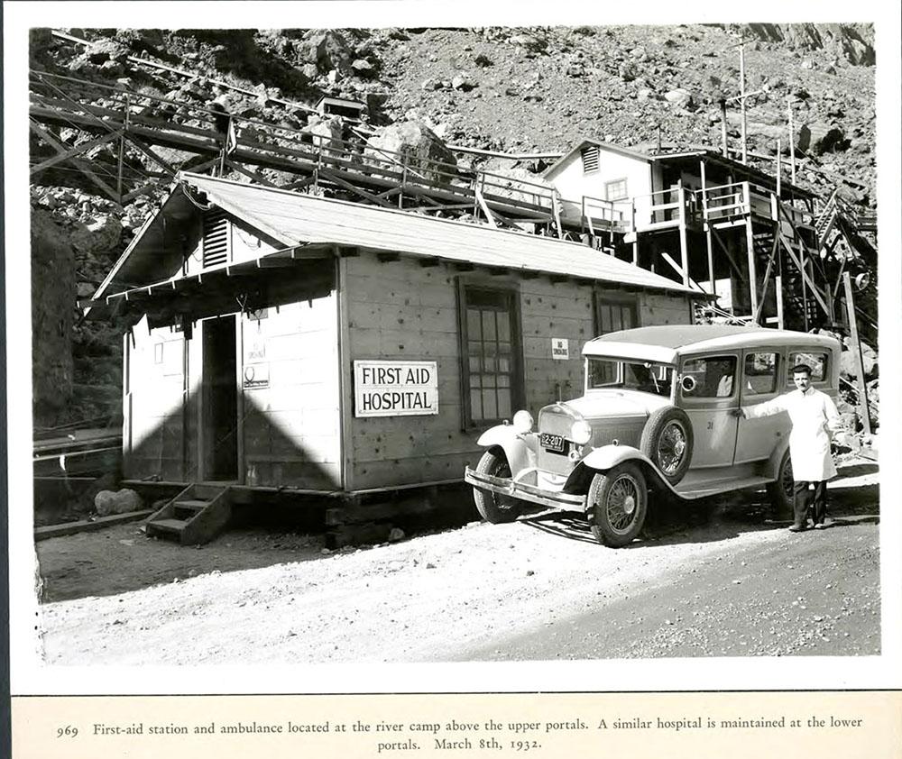 First aid station and ambulance located above the portals at dam site. 03/08/1932