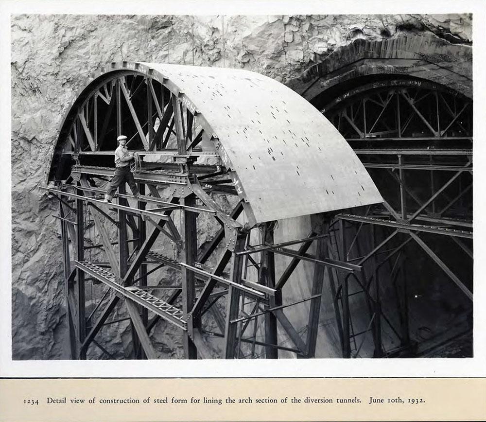 Detail view of construction of steel form for lining the arch sections of the diversion tunnels. 06/10/1932