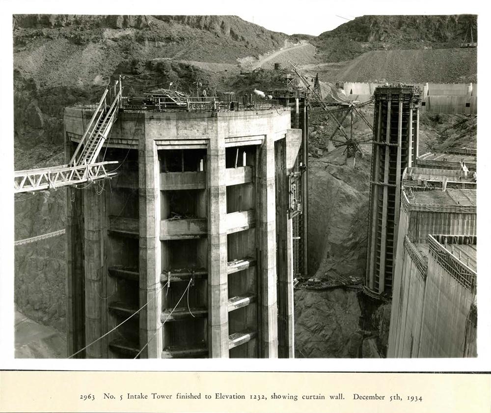 No. 5 Intake Tower finished to elevation 1232, showing curtain wall. 12/05/1934