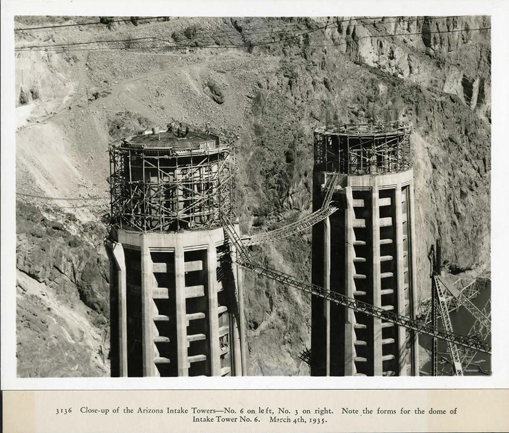 Close-up of Arizona Intake Towers, No. 6 on the left and No. 3 on the right. 03/04/1935