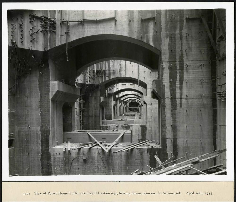 View of the Power House Turbine Gallery, elevation 643, looking downstream on the Arizona side. 04/10/1935