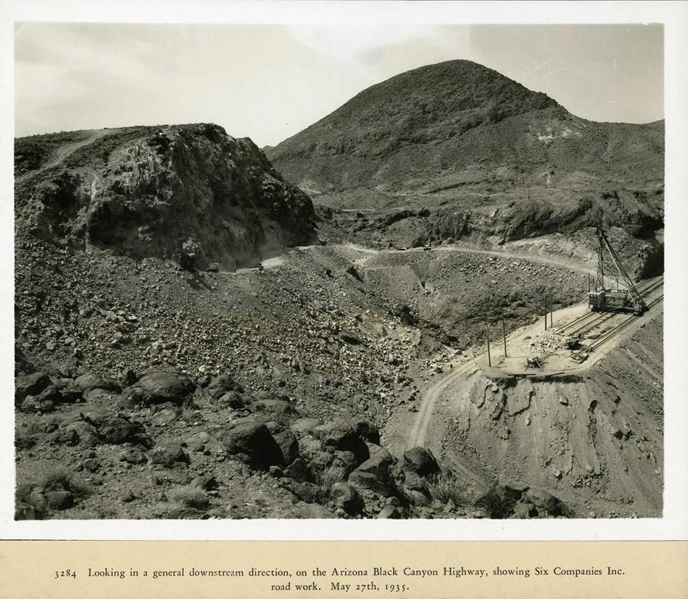 Looking downstream on the Arizona Black Canyon Highway, showing Six Companies Inc. road work. 05/27/1935