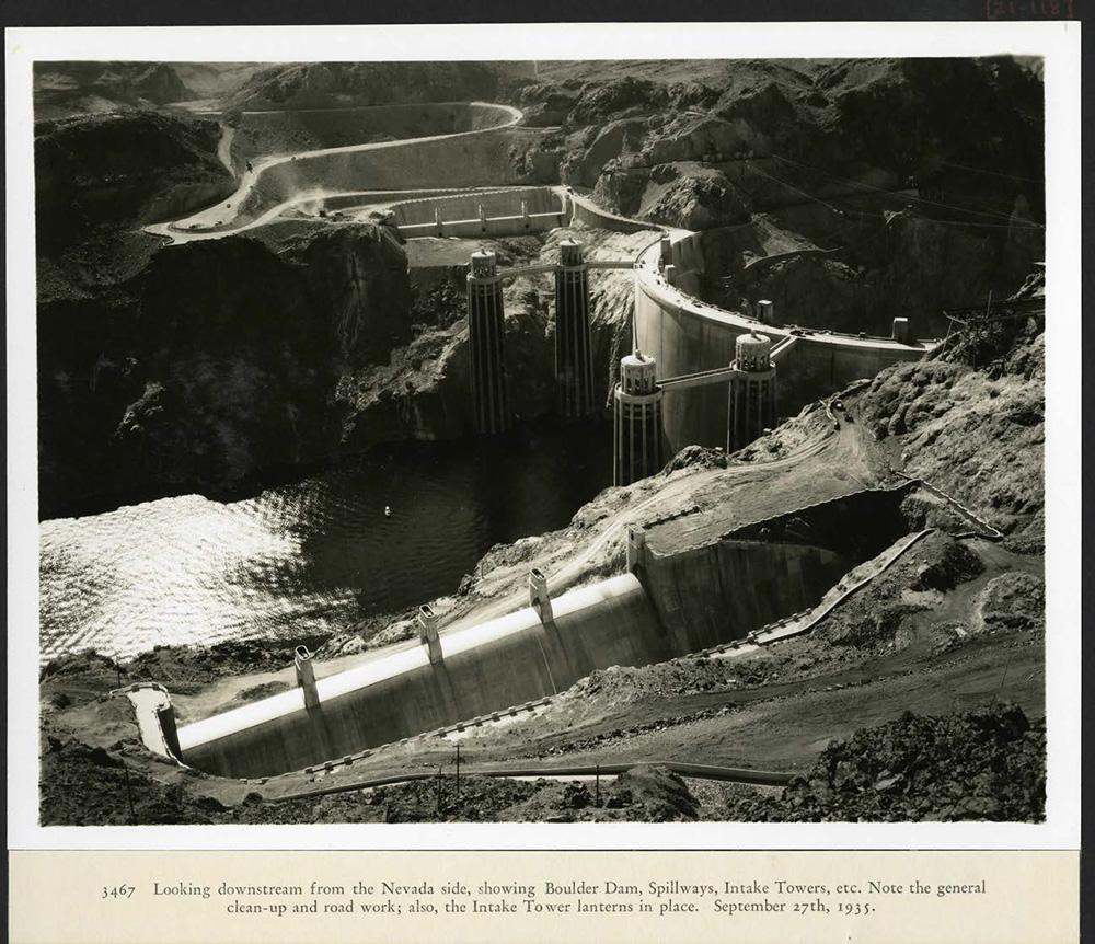 Boulder Dam, looking downstream from the Nevada side, showing Spillways and Intake Towers. 09/27/1935