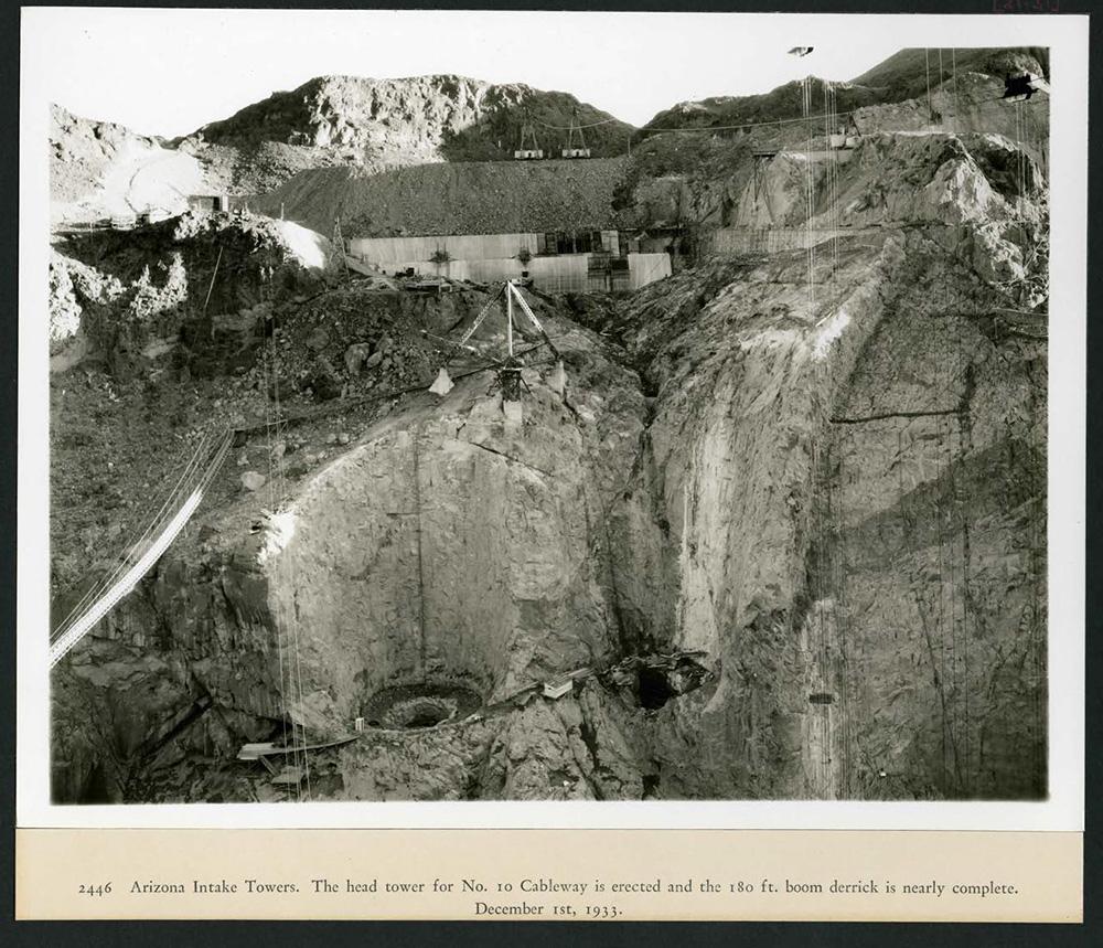 Arizona Intake Towers, the head tower of No. 10 Cableway is erected and the 180 foot boom derrick is nearly complete. 12/01/1933