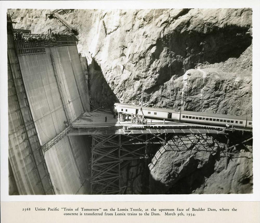 Union Pacific "Train of Tomorrow" on the Lomax trestle, at the upstream face of Boulder Dam.03/09/1934