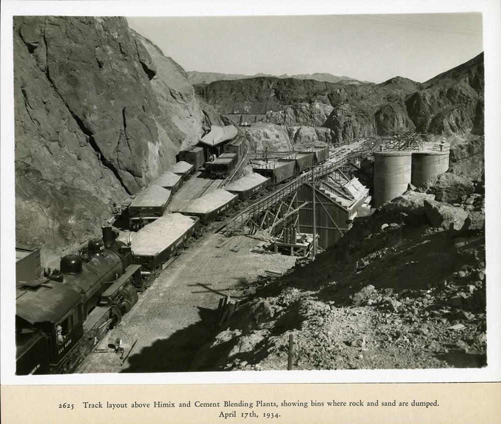 Track layout above Himix and Cement Blending Plants, showing bins where rock and sand are dumped. 04/17/1934