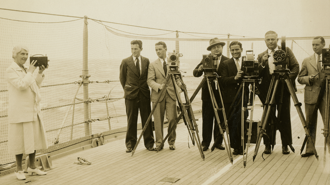 Lou Hoover and camera men on deck the USS Utah. Good Will tour, 1928