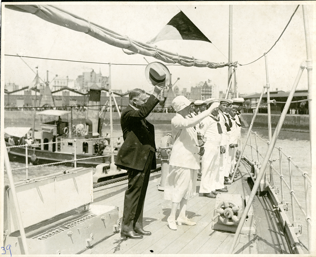 Herbert and Lou Hoover ready to board the ARA Buenos Aires to Uruguay.