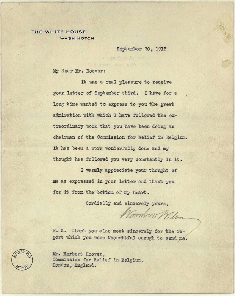 A letter from President Woodrow Wilson to Herbert Hoover. 09/20/1915