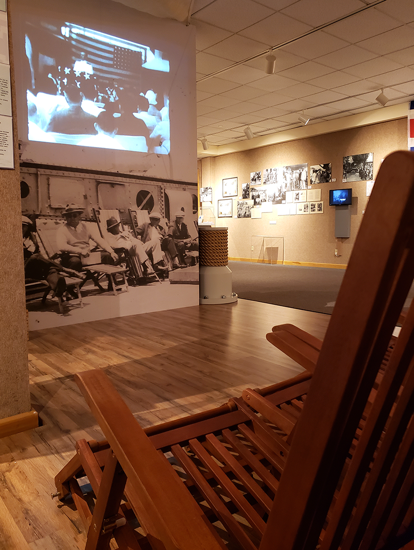 Visitors can relax in deck chairs while watching movies that were taken during the Good Will tour.