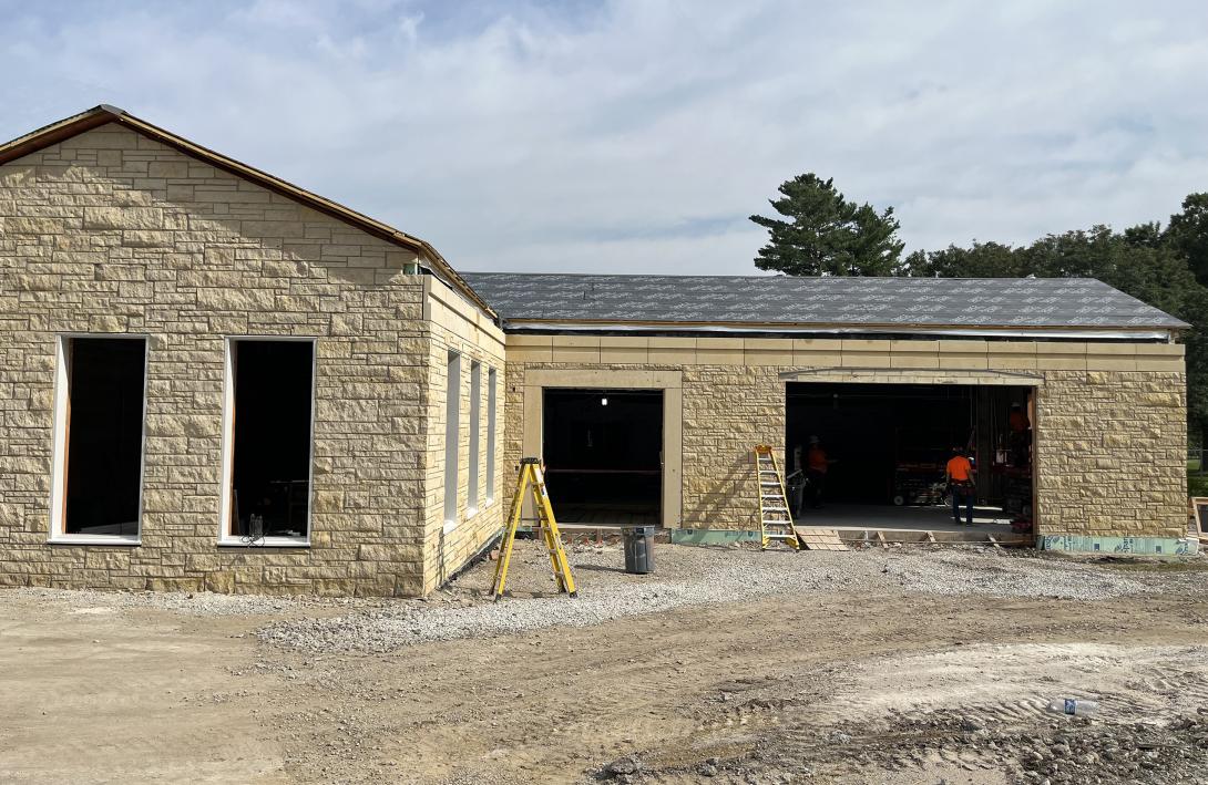 Exterior view of new expanded lobby area, front entrance, and bay window, August 6, 2025