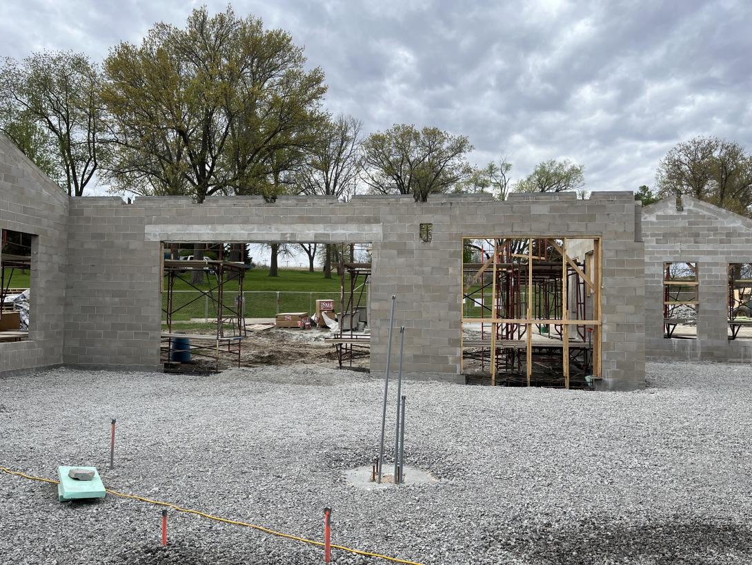 Construction of wall with bay window and future front entrance