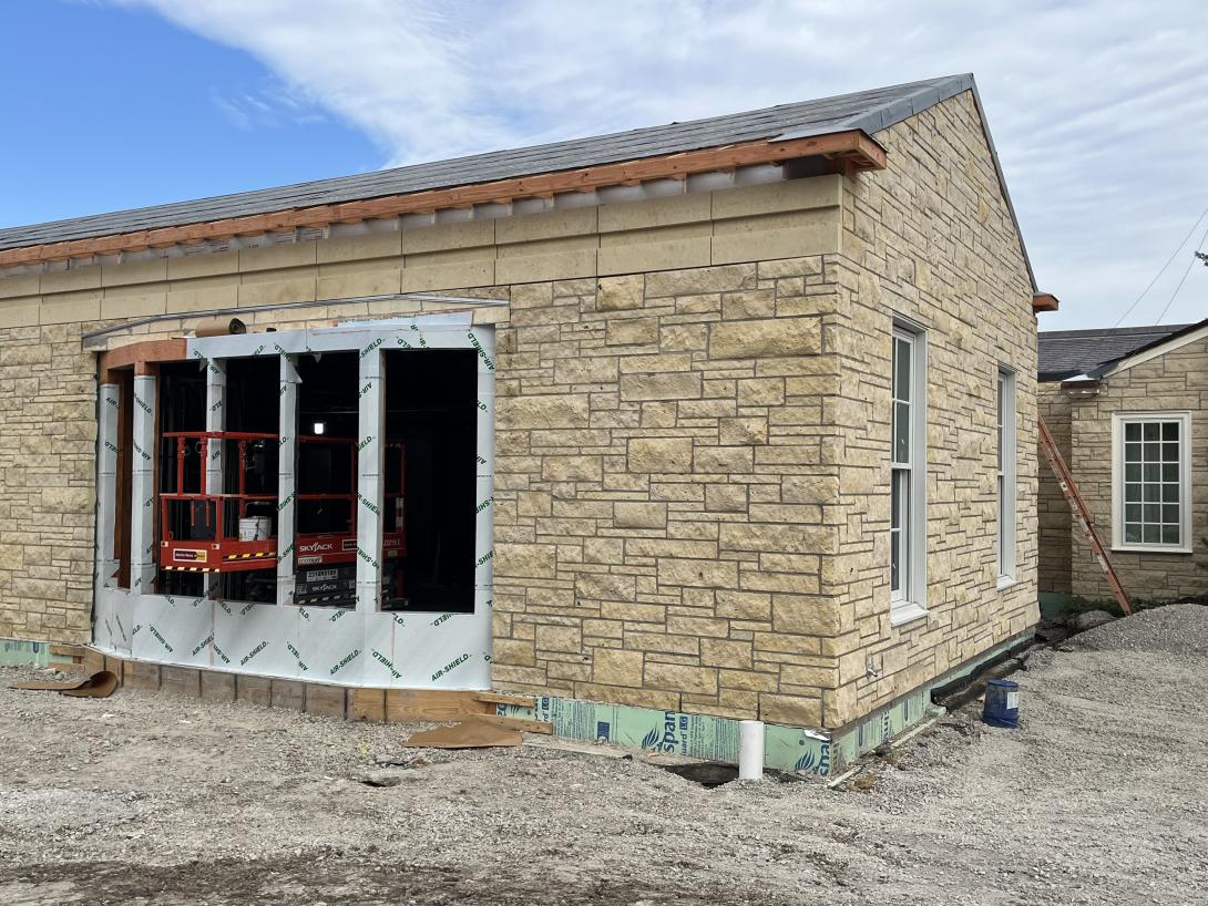 Exterior view of framing for bay window in the front of the Museum, October 1, 2025