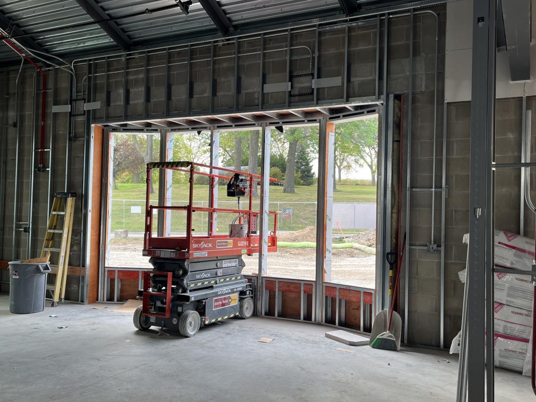 Interior view of framing for bay window in the front of the Museum, October 1, 2025