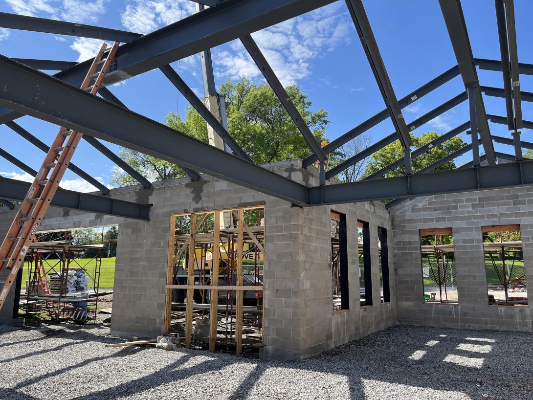 View of roof structure for new front entrance and expanded lobby area, May 28, 2025