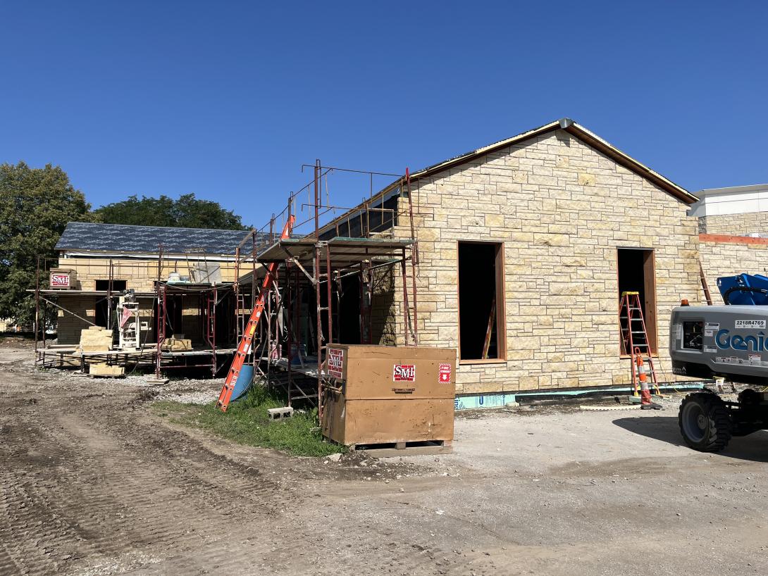 Exterior view of lobby expansion, July 2025