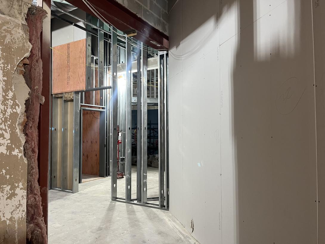 Wall framing and drywall in future Museum galleries, August 28, 2025
