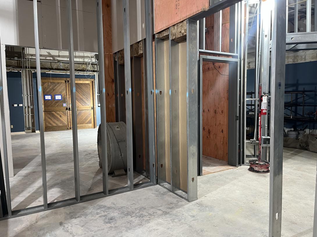 Wall framing and drywall in future Museum galleries, August 28, 2025