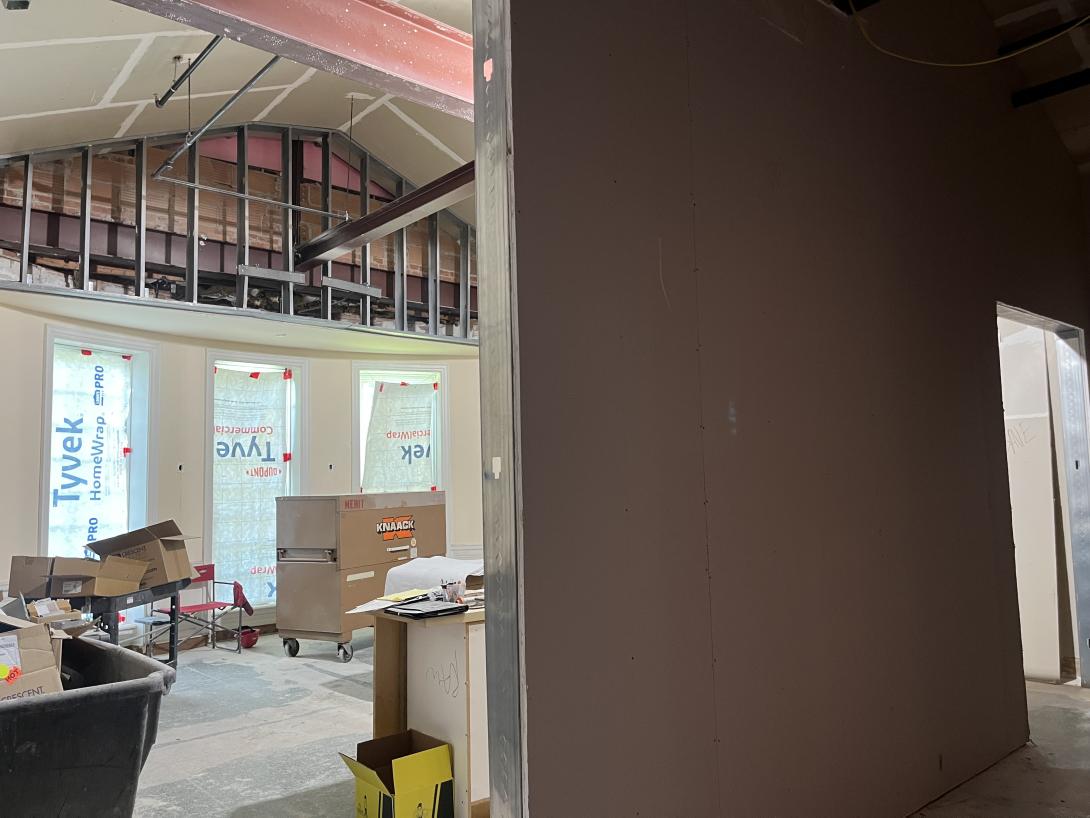 Wall framing and drywall in future Museum galleries, August 28, 2025