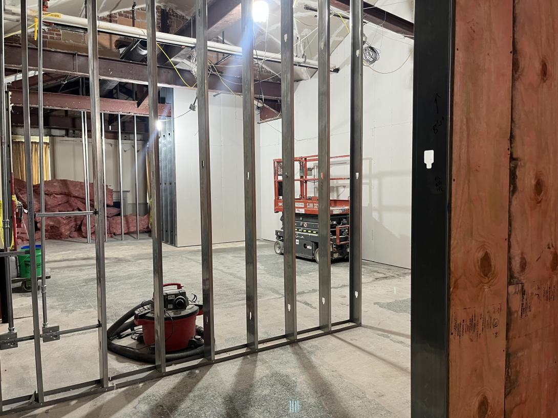 Wall framing and drywall in future Museum galleries, August 28, 2025