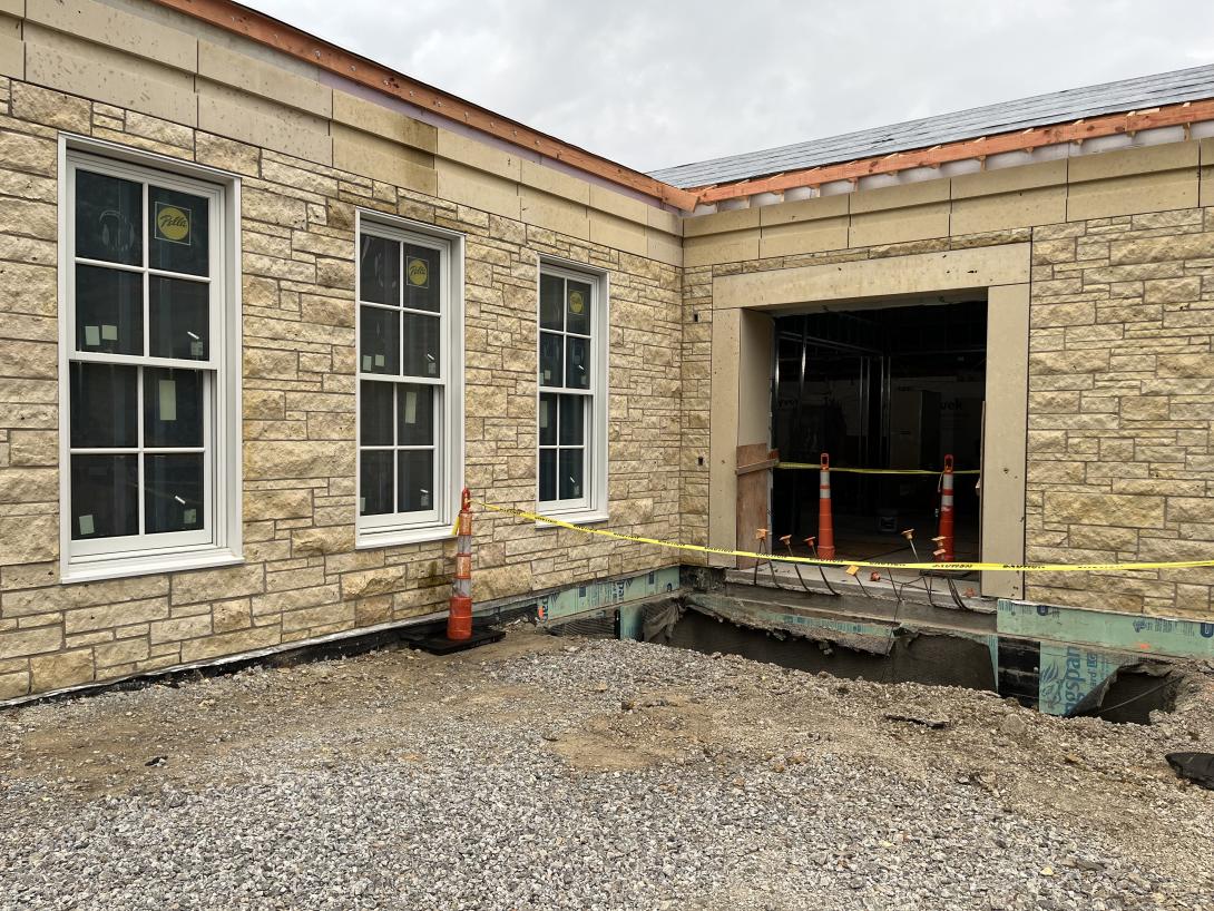 Exterior view of expanded lobby area including new main entrance, September 3, 2025
