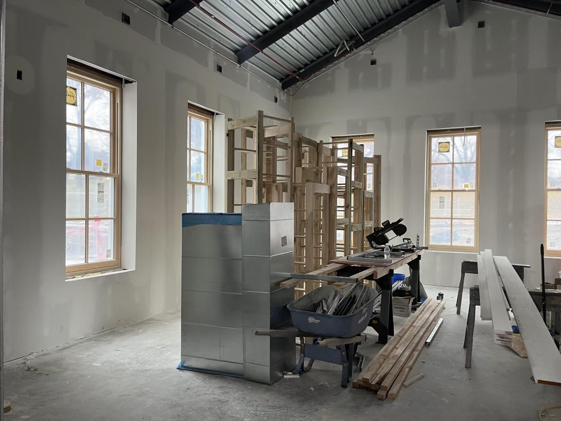 Wooding framework for benches in new expanded lobby, November 19, 2025