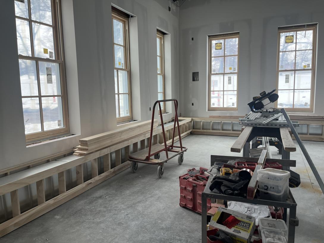 Benches under construction in lobby expansion, December 3, 2025