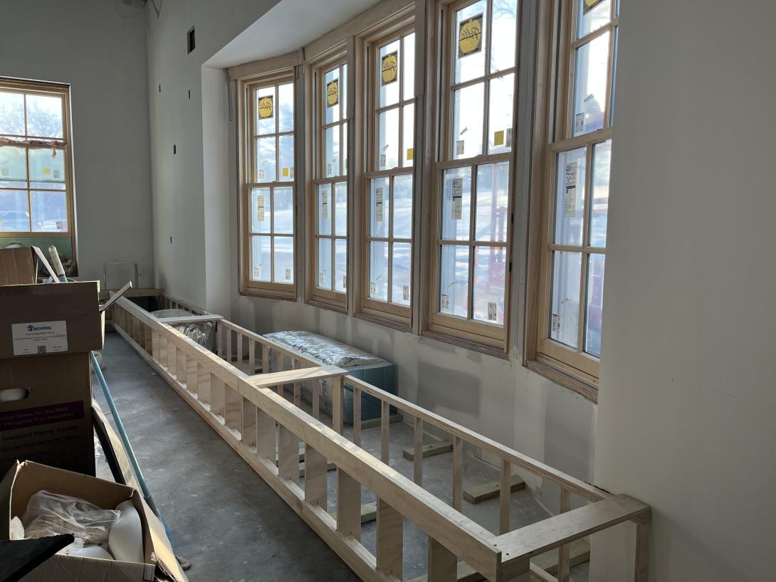 Construction of benches in Lobby, December 17, 2025