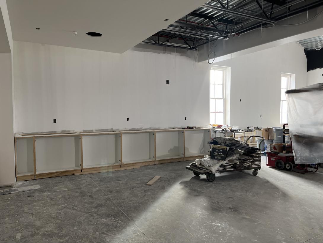 Framing for cabinets in Gift Shop under construction, January 28, 2026