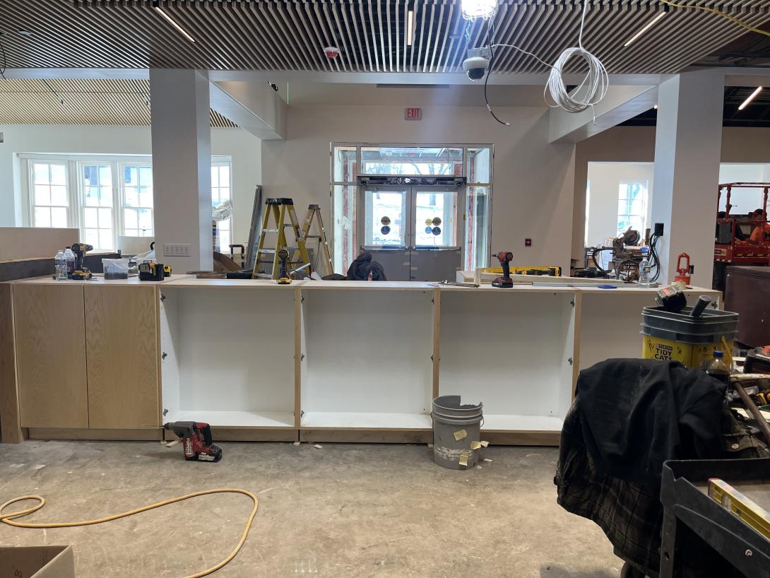 Construction of reception desk in Museum lobby, March 18, 2026