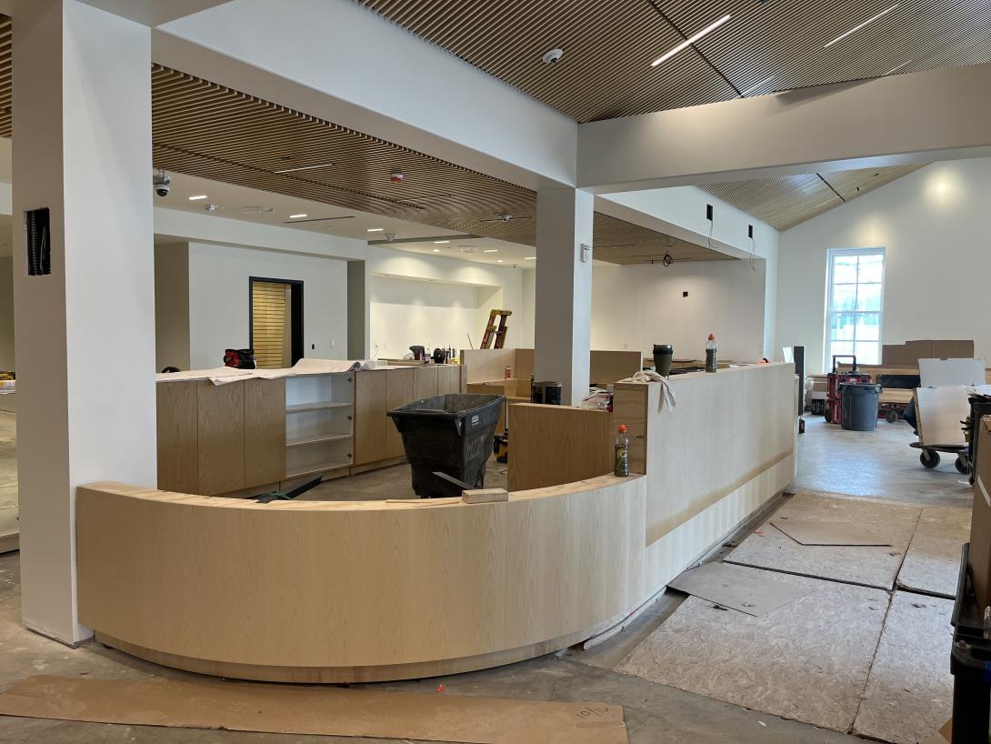 Reception desk in lobby under construction, March 24, 2026