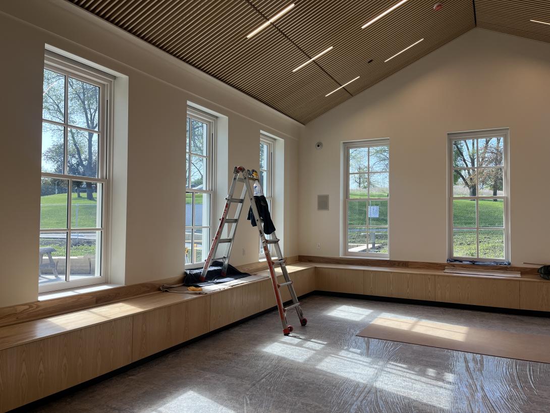Windows and bench seating in new expanded lobby area, April 29, 2026