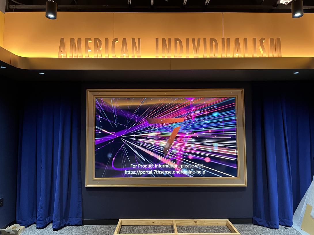 Video screen for the new "American Individualism" mini theater, May 6, 2026