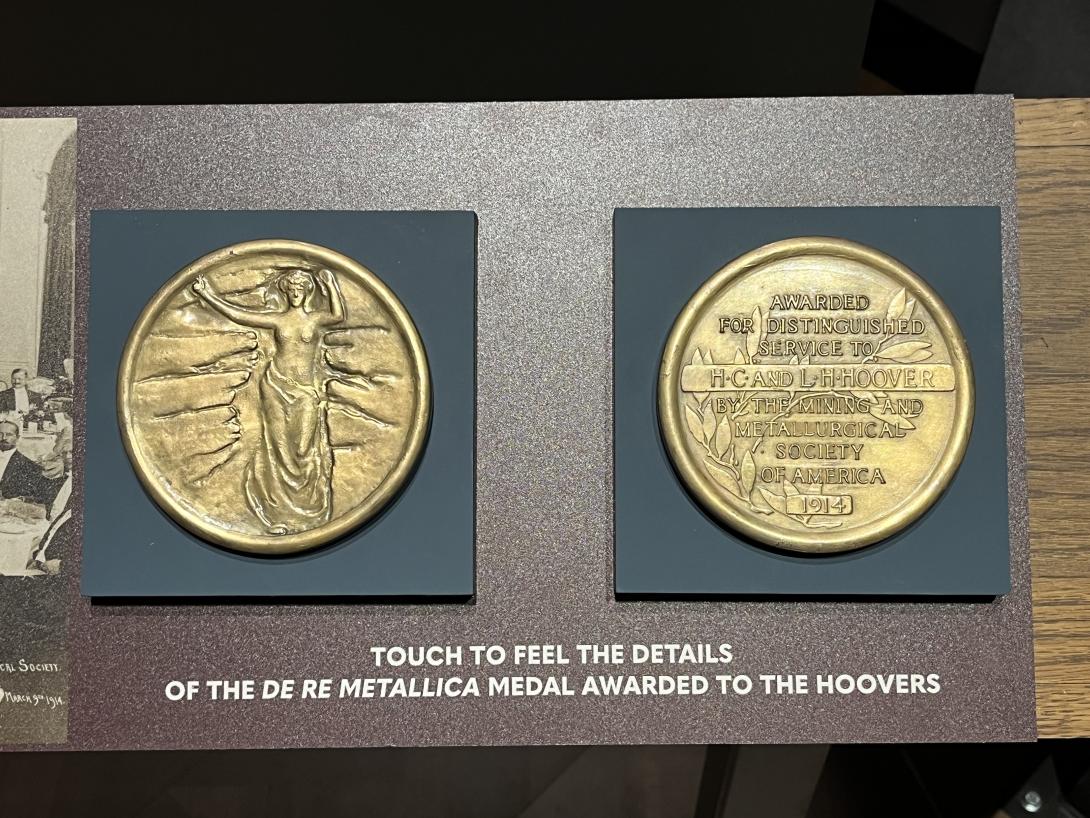 A larger than life size replica of the 1914 Distinguished Service medal presented to Mr. and Mrs. Hoover by the Mining and Metallurgical Society of America for their translation of "De Re Metallica," May 27, 2026