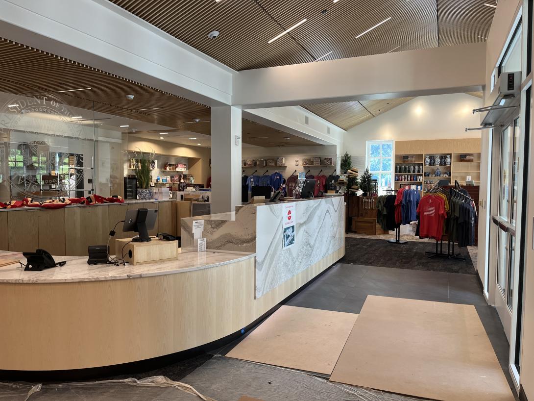 New reception desk and gift shop preparing for re-opening, July 15, 2026
