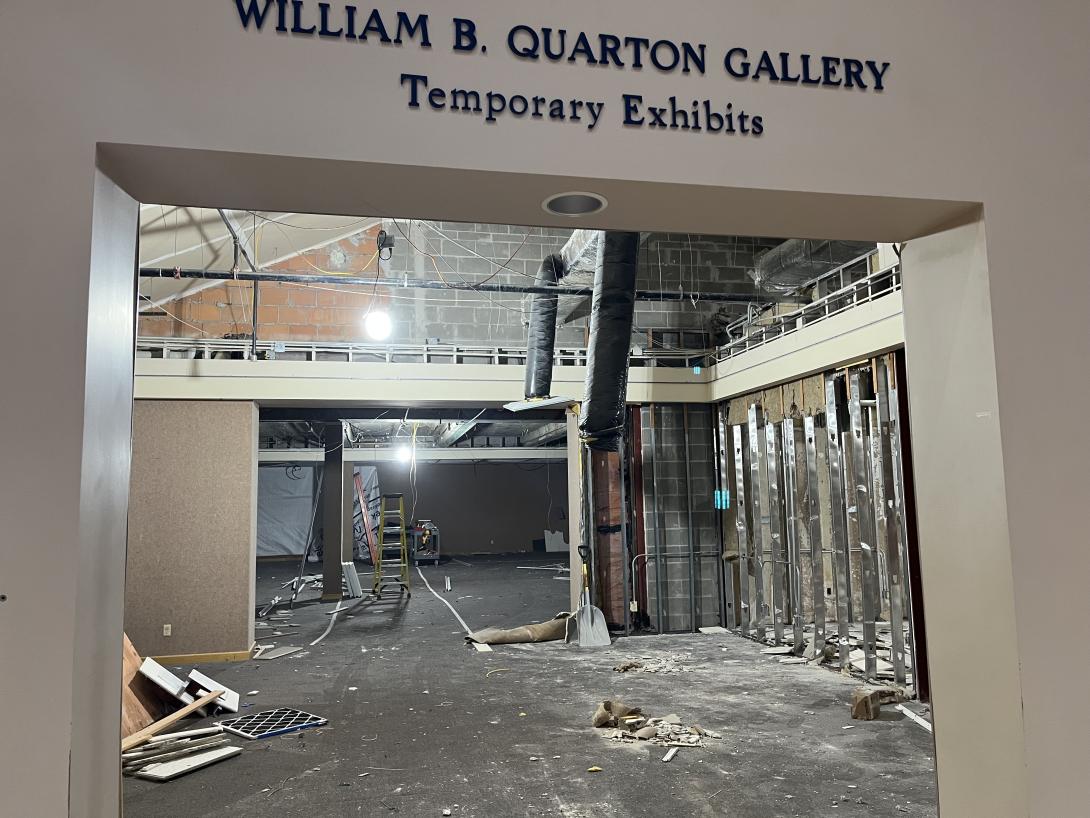 View of Hoover Museum temporary exhibits gallery after drop ceiling and flooring removed