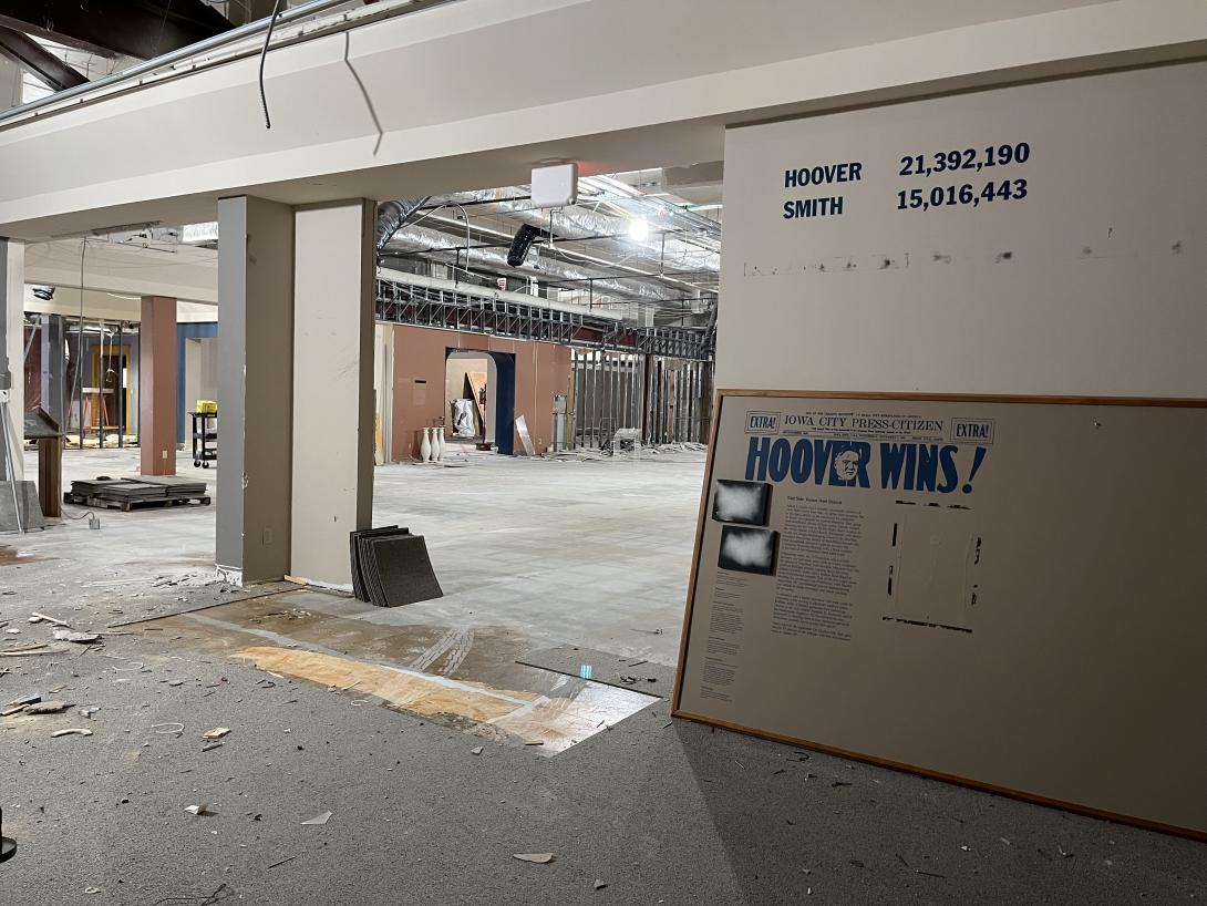 View of Museum gallery as walls, drop celling, and carpeting are removed