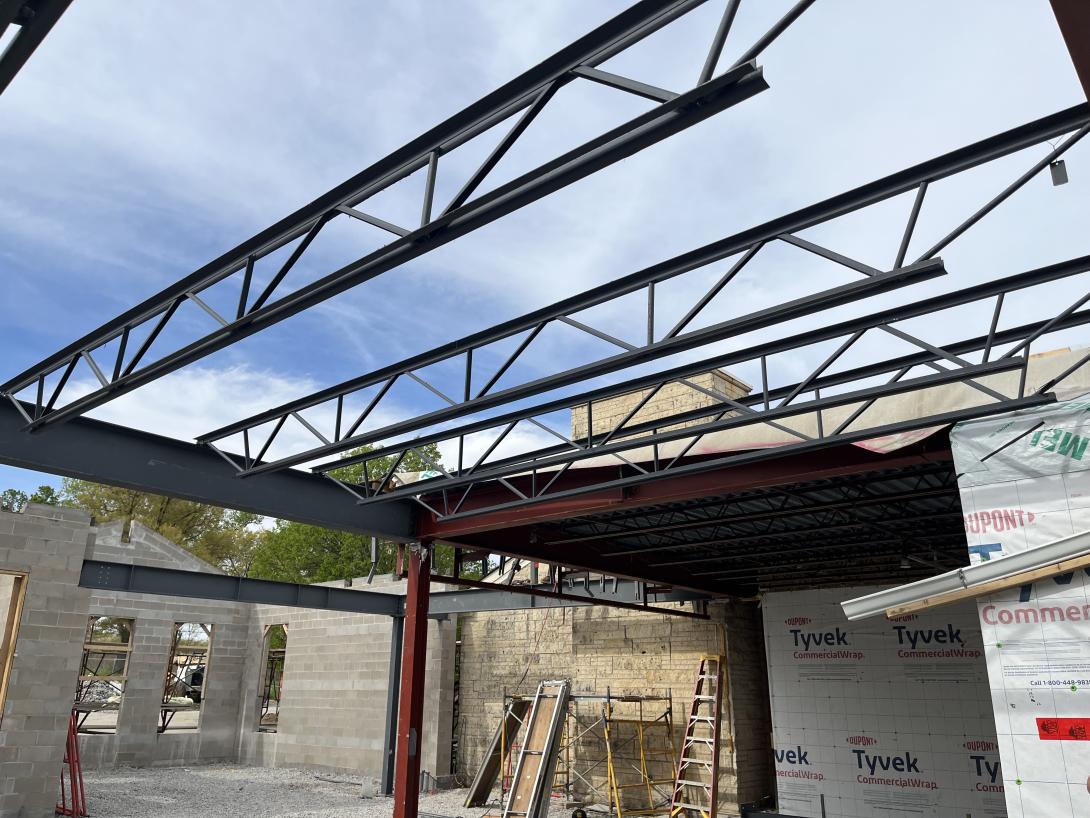 Roofing joists in future lobby area