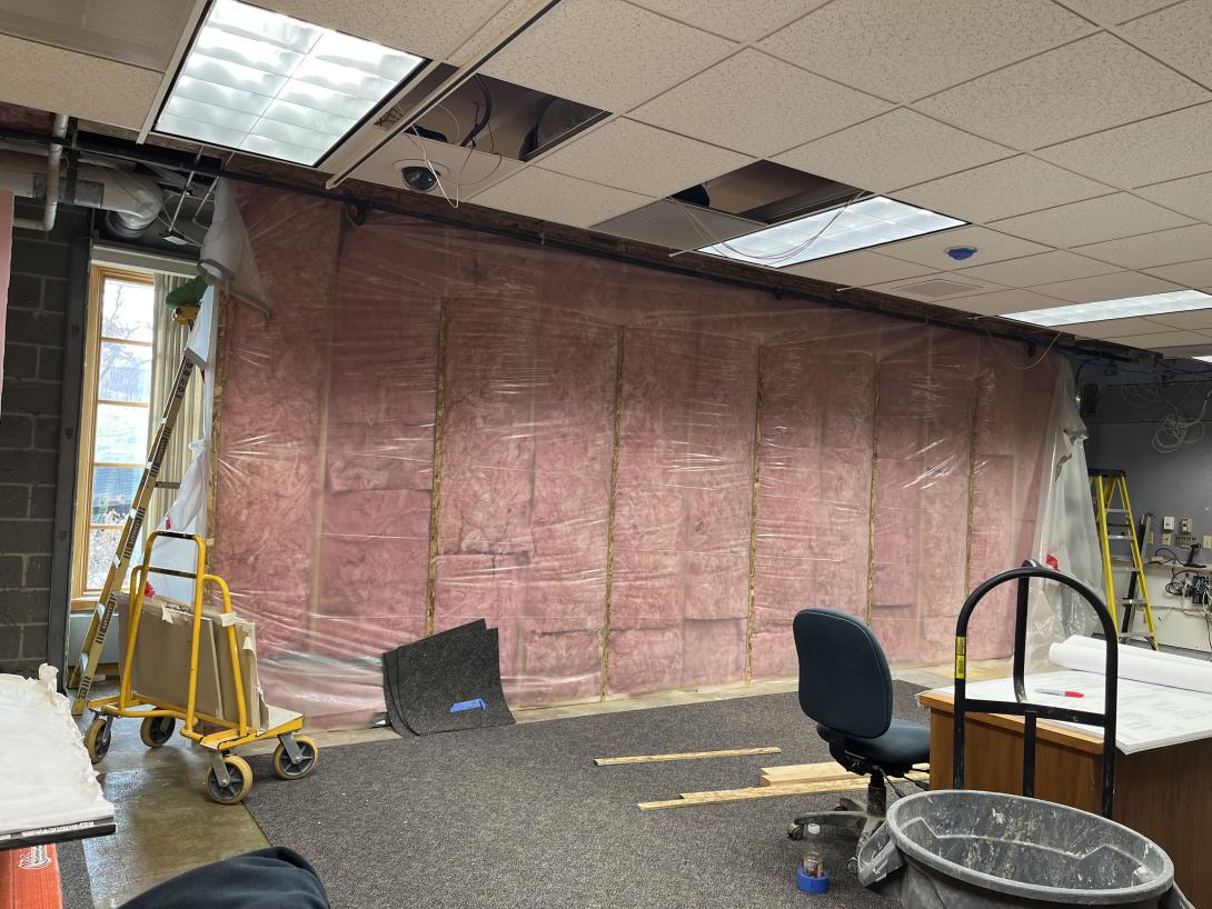 A new exterior wall is shown in the new Gift Shop space in the Herbert Hoover Presidential Library and Museum construction.