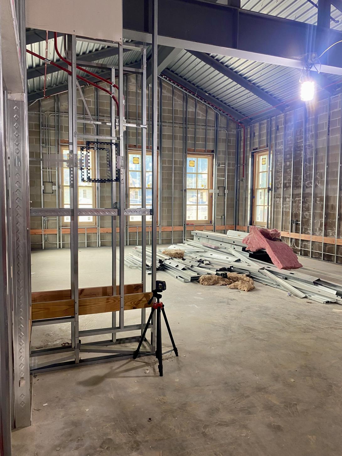 Wall framing for interior of lobby expansion, October 15, 2025