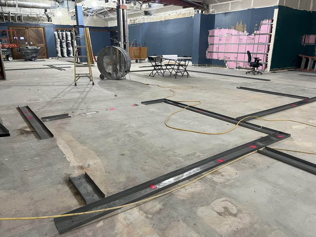 View of steel channel for future walls in Museum galleries